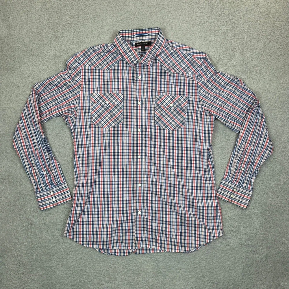 Banana Republic Mens Western Pearl Snap Plaid Shirt Red White Blue Large Stretch